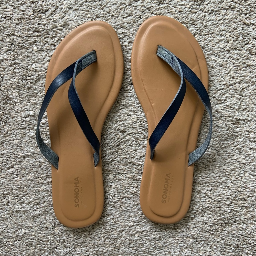 Tan Flip Flops with Navy Straps